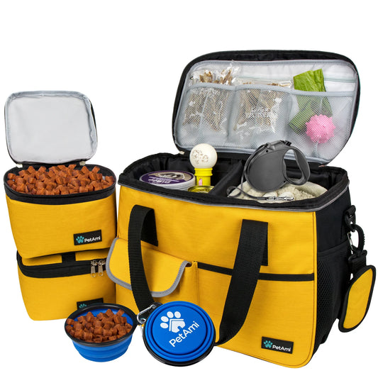 Medium Dog Travel Bag with Food Containers and Bowls, Yellow, 5.8 Gal. (22 L)  Limit