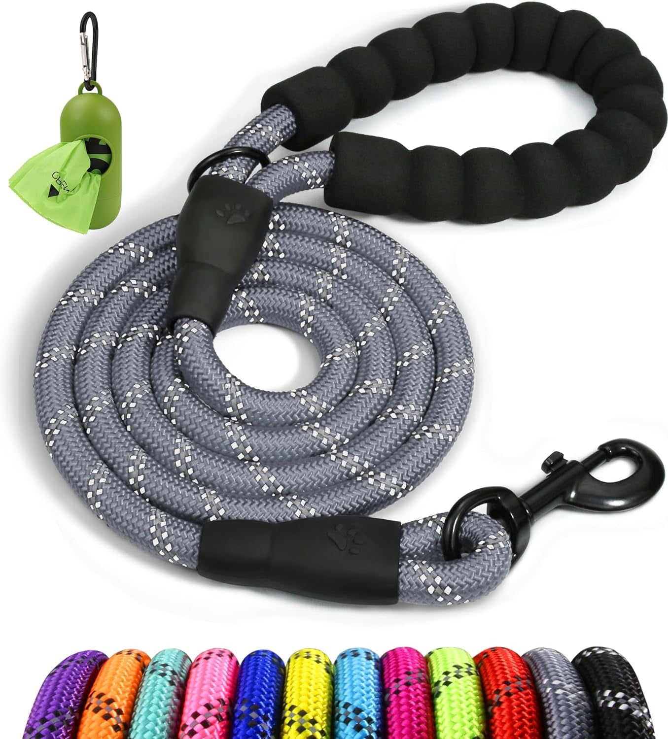 Rope Dog Leash 5 FT with Comfortable Padded Handle, Highly Reflective Threads Leash for Small Dogs, 3/8 Inch, Grey
