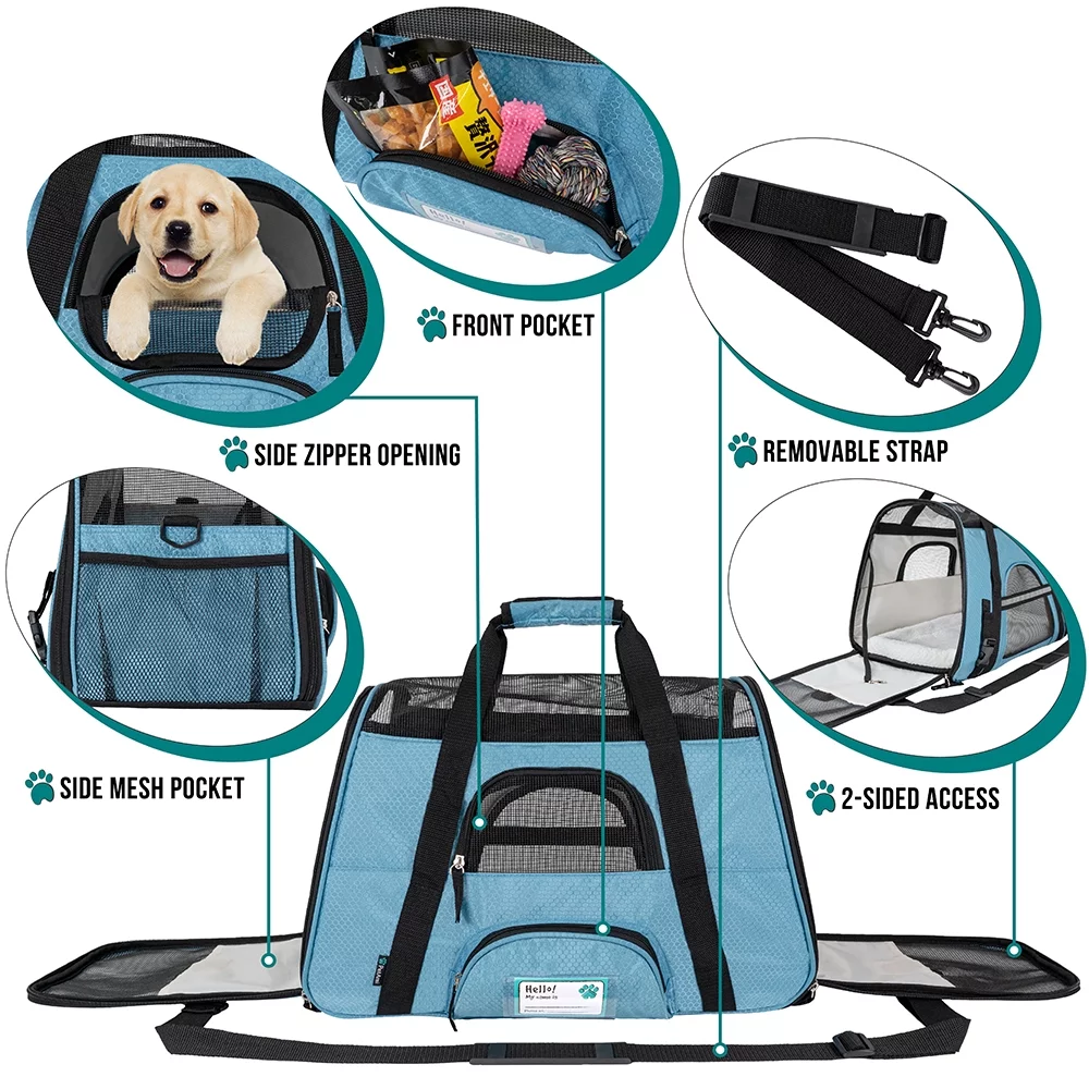 Airline Approved Pet Carrier for Cats & Small Dogs, Soft Sided Dog Carrier for Small Dogs & Cats, Cat Travel Supplies Accessories for Indoor Cats and Small Dogs, Ventilated Pet Carrying Bag Medium Large Kitten Puppy, Large Blue