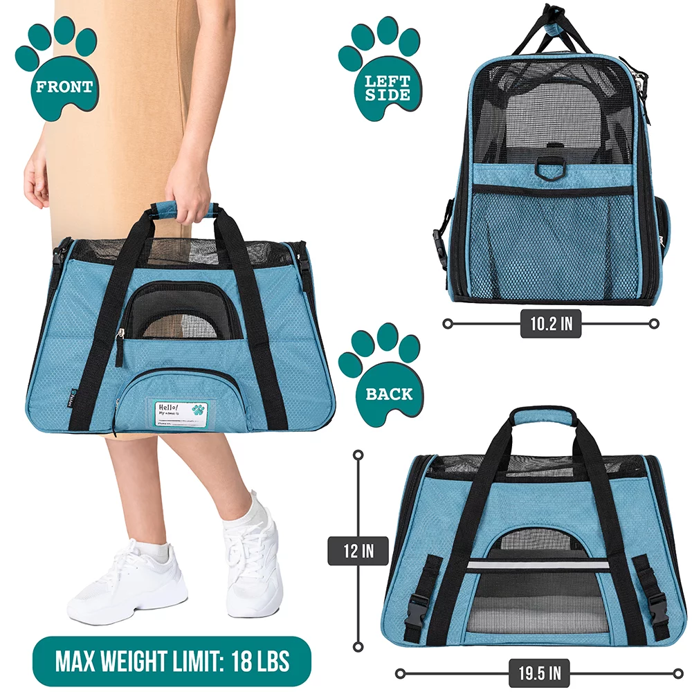 Airline Approved Pet Carrier for Cats & Small Dogs, Soft Sided Dog Carrier for Small Dogs & Cats, Cat Travel Supplies Accessories for Indoor Cats and Small Dogs, Ventilated Pet Carrying Bag Medium Large Kitten Puppy, Large Blue