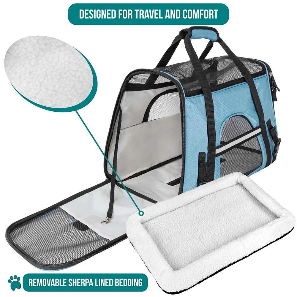 Airline Approved Pet Carrier for Cats & Small Dogs, Soft Sided Dog Carrier for Small Dogs & Cats, Cat Travel Supplies Accessories for Indoor Cats and Small Dogs, Ventilated Pet Carrying Bag Medium Large Kitten Puppy, Large Blue
