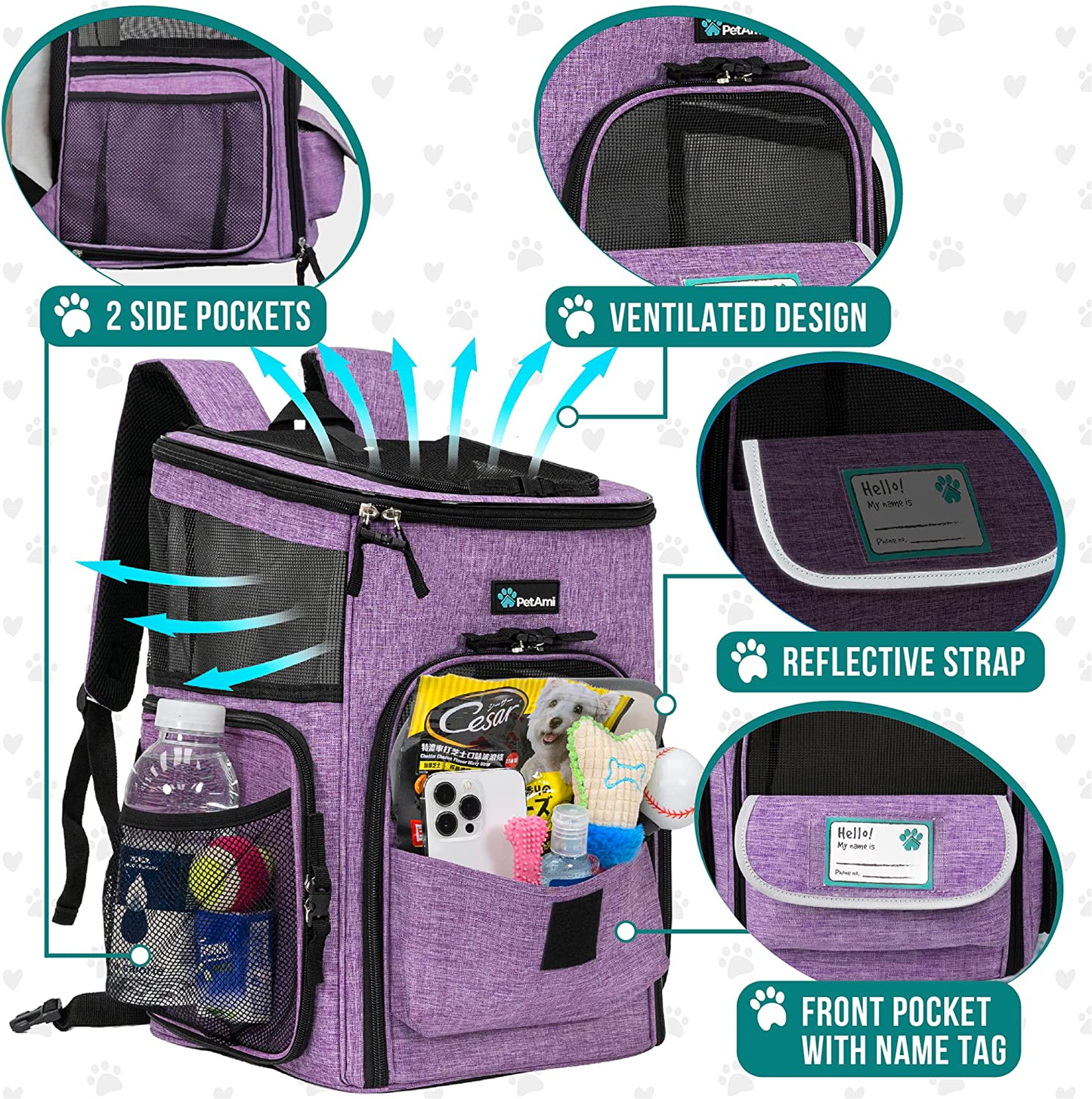 Dog Backpack Carrier, Airline Approved Cat Backpacks for Carrying Small to Large Cats and small to medium dogs, Pet Carrier Back Pack, Ventilated Soft Sided for Travel, Hiking, Camping, Max 18 Lbs, Purple