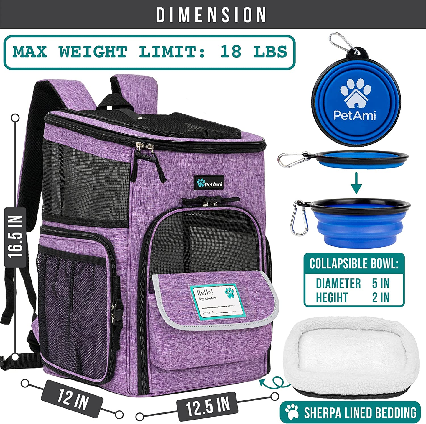 Dog Backpack Carrier, Airline Approved Cat Backpacks for Carrying Small to Large Cats and small to medium dogs, Pet Carrier Back Pack, Ventilated Soft Sided for Travel, Hiking, Camping, Max 18 Lbs, Purple