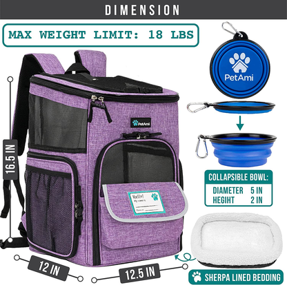 Dog Backpack Carrier, Airline Approved Cat Backpacks for Carrying Small to Large Cats and small to medium dogs, Pet Carrier Back Pack, Ventilated Soft Sided for Travel, Hiking, Camping, Max 18 Lbs, Purple