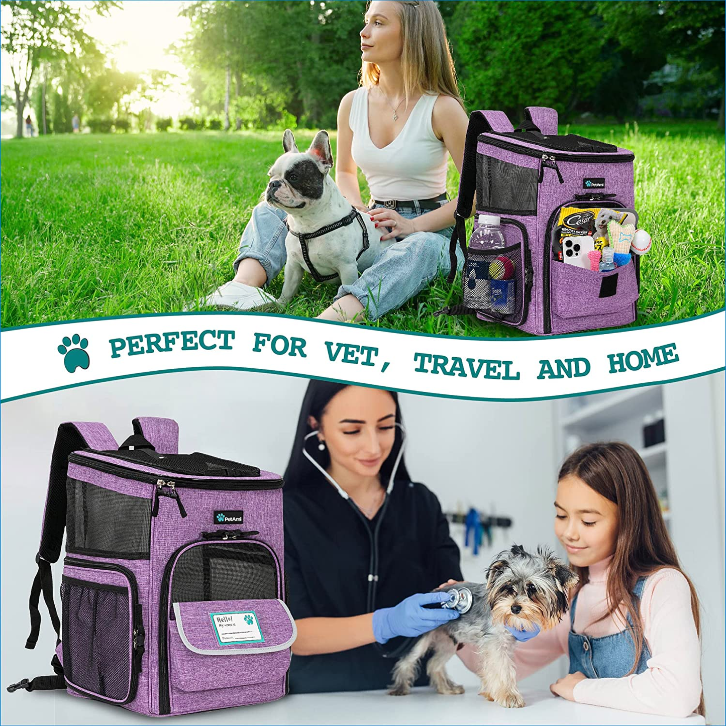 Dog Backpack Carrier, Airline Approved Cat Backpacks for Carrying Small to Large Cats and small to medium dogs, Pet Carrier Back Pack, Ventilated Soft Sided for Travel, Hiking, Camping, Max 18 Lbs, Purple