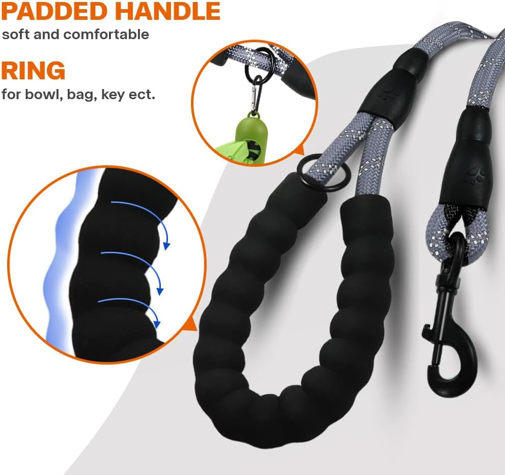 Rope Dog Leash 5 FT with Comfortable Padded Handle, Highly Reflective Threads Leash for Small Dogs, 3/8 Inch, Grey